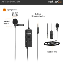 Walimex pro Boya M1 Pro Ansteckmikrofon, Lavaliermikrofon mit Klinkenstecker für Camcorder, Audiorekorder, Smartphone, PC, Mikrofon 65 Hz - 18 kHz, Kugelcharakteristik