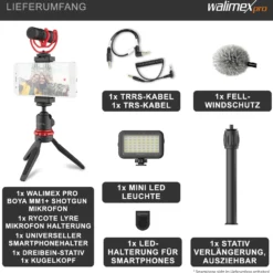 Walimex pro Boya VG350 Smartphone Video Kit - 100 x 26 x 26 mm / 2 kg Tragkraft - mit Mikrofon, Stativ, Smartphone Halterung und Leuchte - Video Zubehör für Vlogging, Streaming
