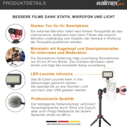 Walimex pro Boya VG350 Smartphone Video Kit - 100 x 26 x 26 mm / 2 kg Tragkraft - mit Mikrofon, Stativ, Smartphone Halterung und Leuchte - Video Zubehör für Vlogging, Streaming