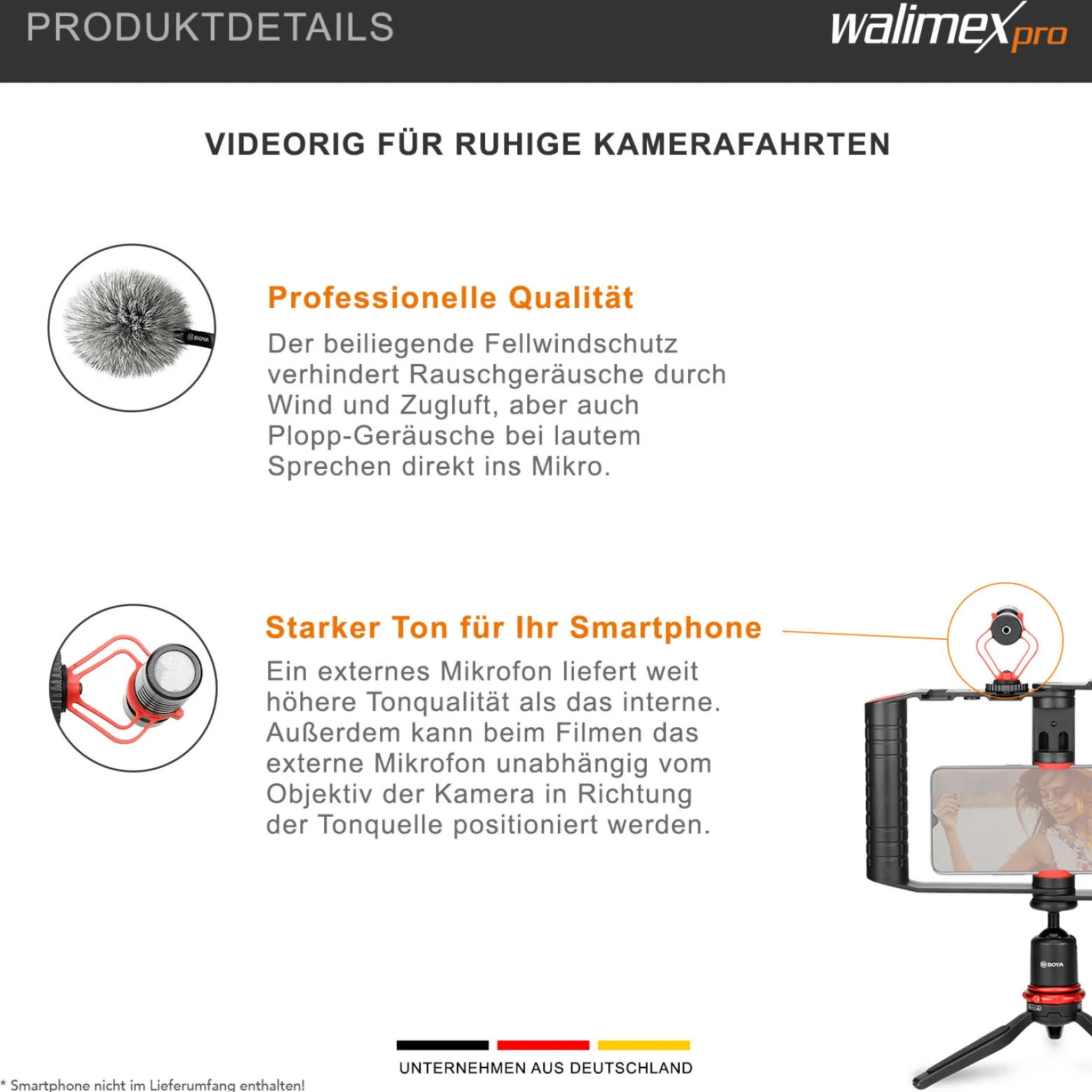 Walimex pro Boya VG380 Smartphone Video Kit - 80 x 77 x 22 mm / 2 kg Tragkraft - mit Mikrofon, Stativ, Smartphone Halterung und Leuchte - Video Zubehör für Vlogging, Streaming