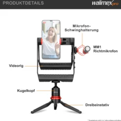 Walimex pro Boya VG380 Smartphone Video Kit - 80 x 77 x 22 mm / 2 kg Tragkraft - mit Mikrofon, Stativ, Smartphone Halterung und Leuchte - Video Zubehör für Vlogging, Streaming