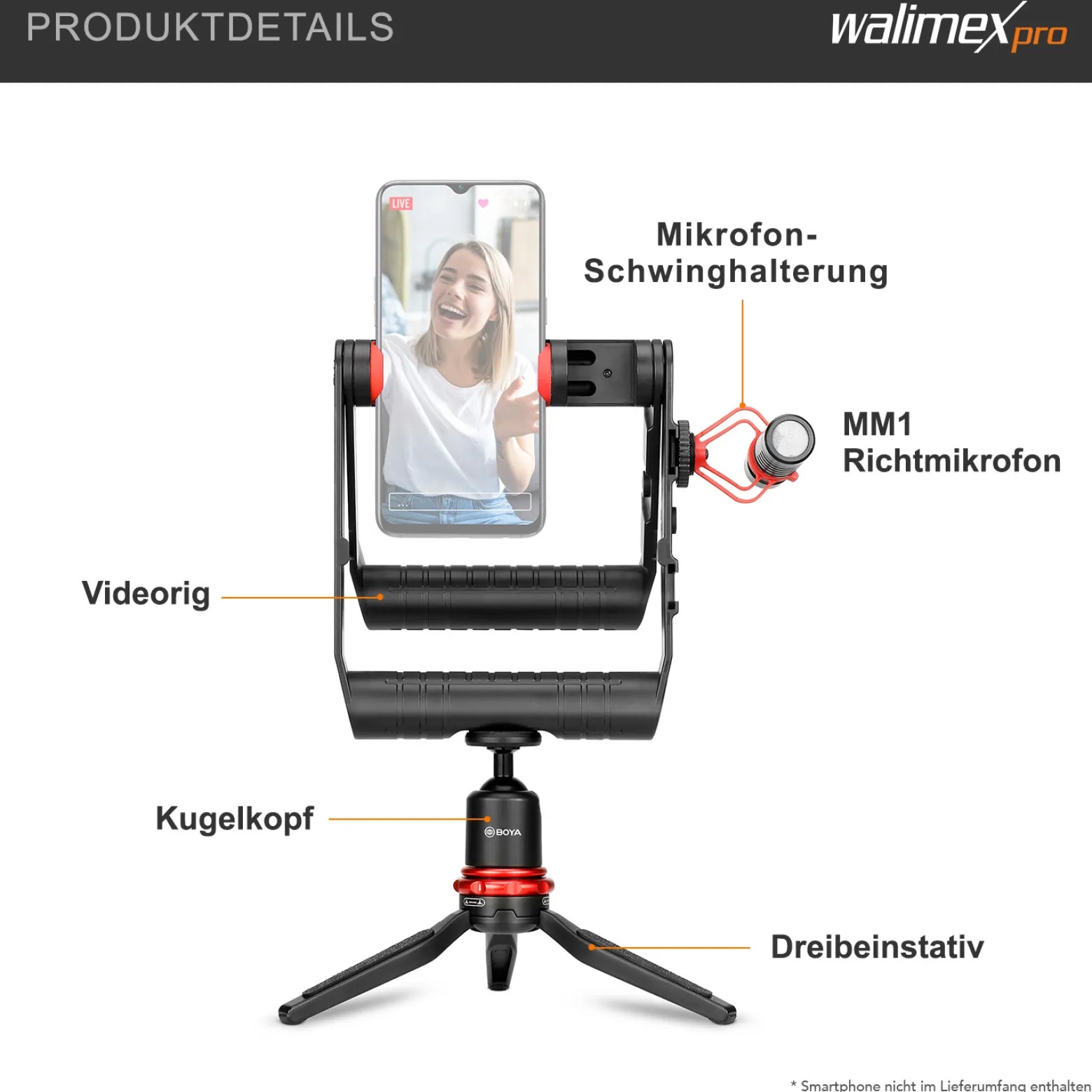 Walimex pro Boya VG380 Smartphone Video Kit - 80 x 77 x 22 mm / 2 kg Tragkraft - mit Mikrofon, Stativ, Smartphone Halterung und Leuchte - Video Zubehör für Vlogging, Streaming