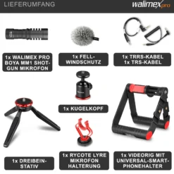 Walimex pro Boya VG380 Smartphone Video Kit - 80 x 77 x 22 mm / 2 kg Tragkraft - mit Mikrofon, Stativ, Smartphone Halterung und Leuchte - Video Zubehör für Vlogging, Streaming