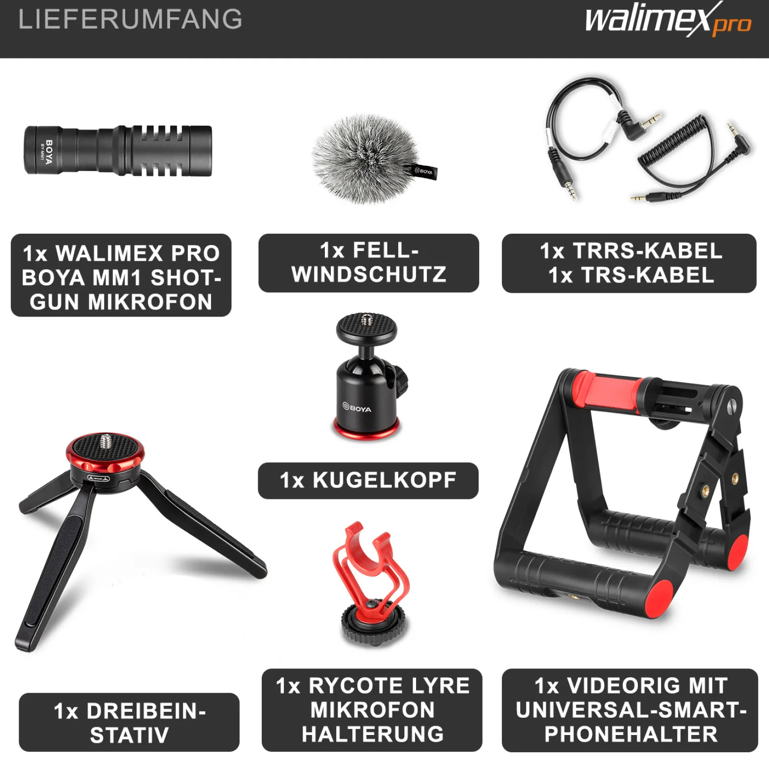 Walimex pro Boya VG380 Smartphone Video Kit - 80 x 77 x 22 mm / 2 kg Tragkraft - mit Mikrofon, Stativ, Smartphone Halterung und Leuchte - Video Zubehör für Vlogging, Streaming