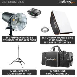 Walimex pro Campaigner 600 HS Set Single - Studioblitz mit 600 Ws Blitzleistung, Blitzgerät HS-Modus, 2,4 GHz Funk, mit Softbox 60 x 90 cm und Lampenstativ, inkl. Transporttasche
