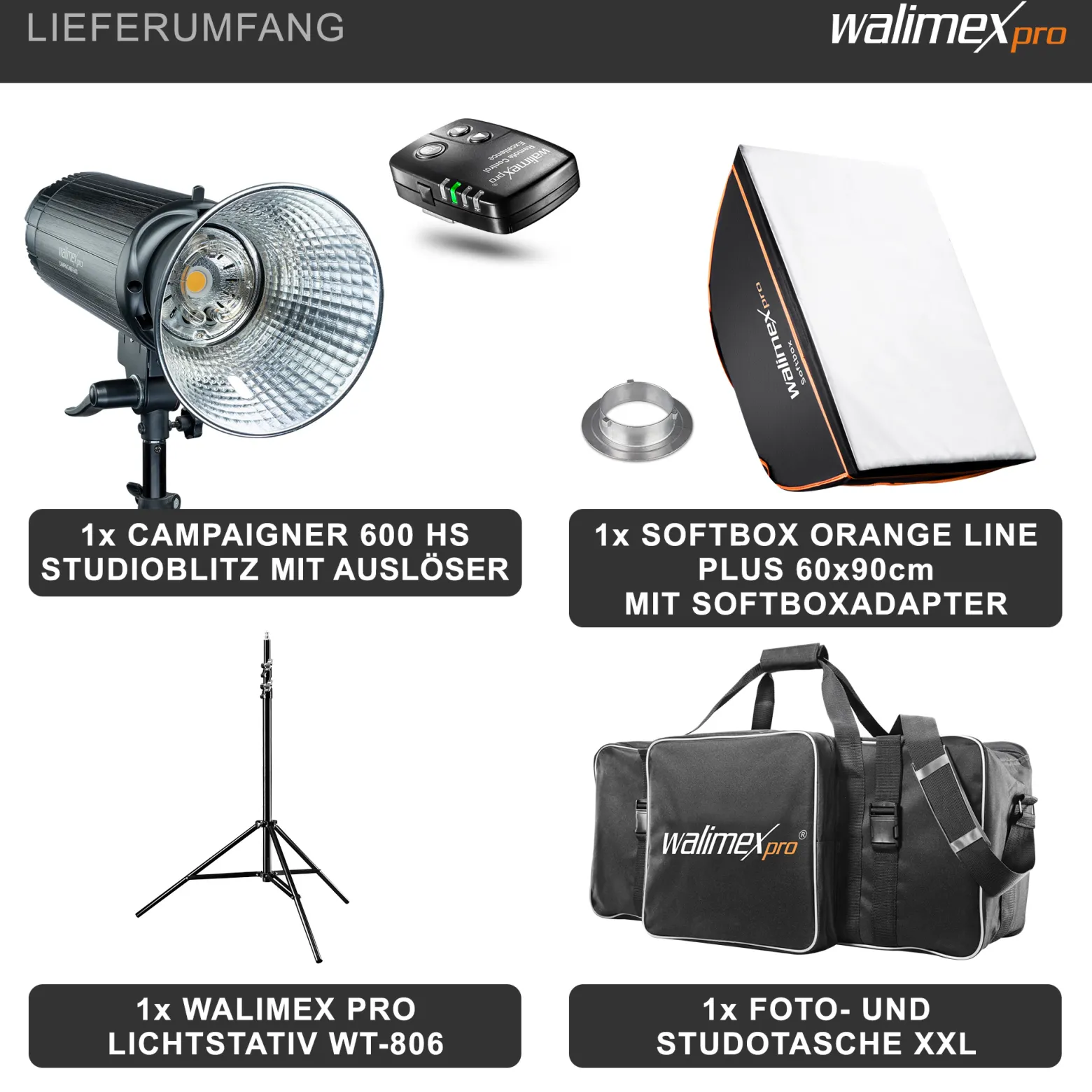 Walimex pro Campaigner 600 HS Set Single - Studioblitz mit 600 Ws Blitzleistung, Blitzgerät HS-Modus, 2,4 GHz Funk, mit Softbox 60 x 90 cm und Lampenstativ, inkl. Transporttasche