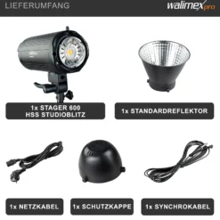 Walimex pro Campaigner 600 HS Studioblitz mit integriertem 2,4 GHz Empfänger, Blitzgerät 600 Ws mit Reflektor, Fotoblitz mit schneller Abbrennzeit, LED-Einstelllicht und Bedienpanel
