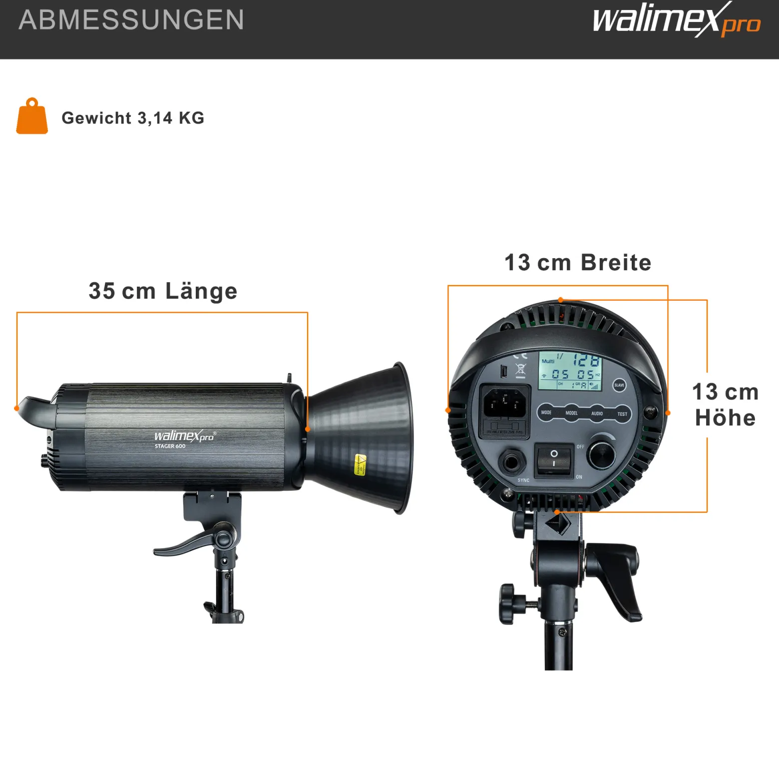 Walimex pro Campaigner 600 HS Studioblitz mit integriertem 2,4 GHz Empfänger, Blitzgerät 600 Ws mit Reflektor, Fotoblitz mit schneller Abbrennzeit, LED-Einstelllicht und Bedienpanel
