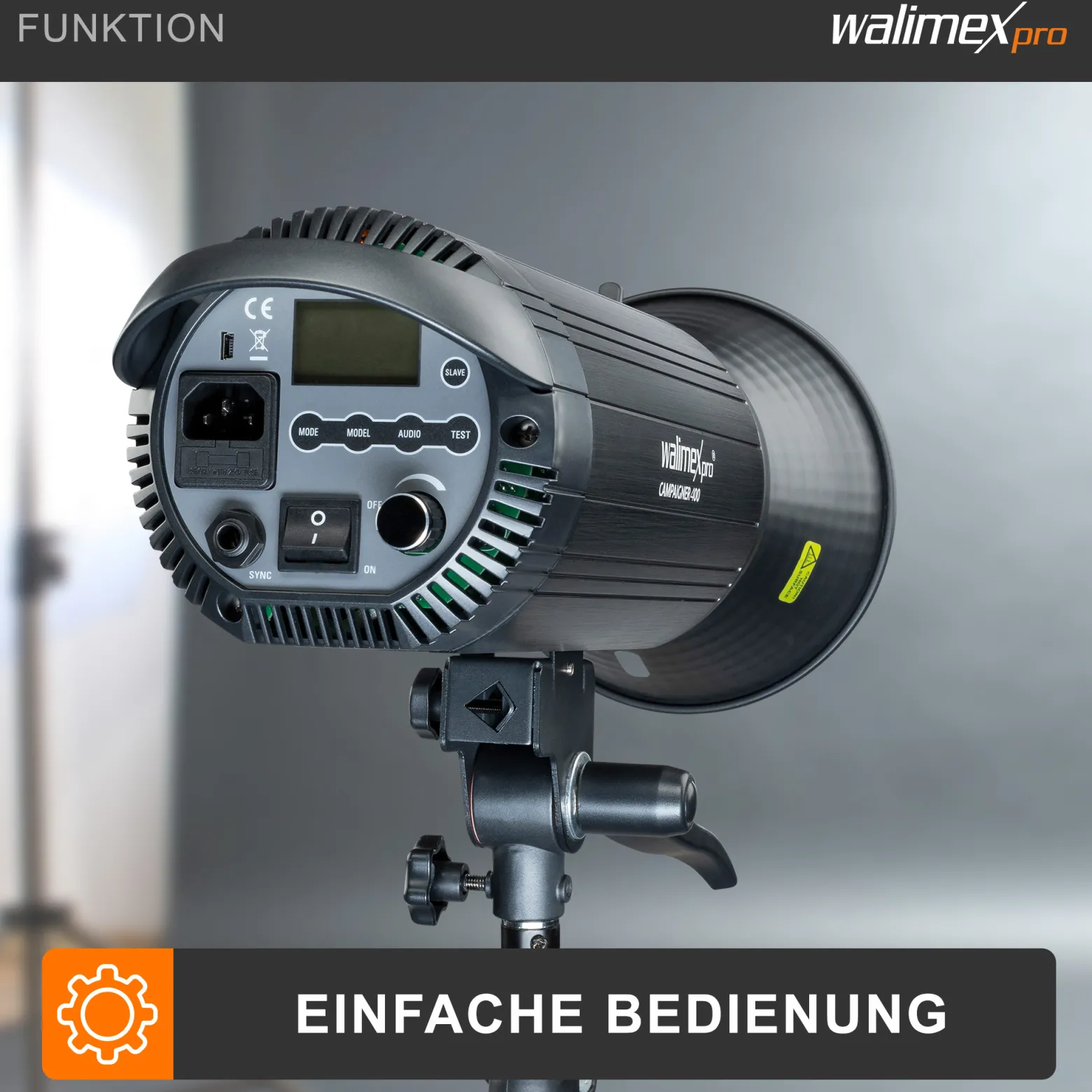 Walimex pro Campaigner 400 HS Studioblitz mit integriertem 2,4 GHz Empfänger, Blitzgerät 400 Ws mit Reflektor, Fotoblitz mit schneller Abbrennzeit, LED-Einstelllicht und Bedienpanel
