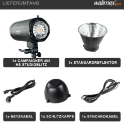 Walimex pro Campaigner 400 HS Studioblitz mit integriertem 2,4 GHz Empfänger, Blitzgerät 400 Ws mit Reflektor, Fotoblitz mit schneller Abbrennzeit, LED-Einstelllicht und Bedienpanel