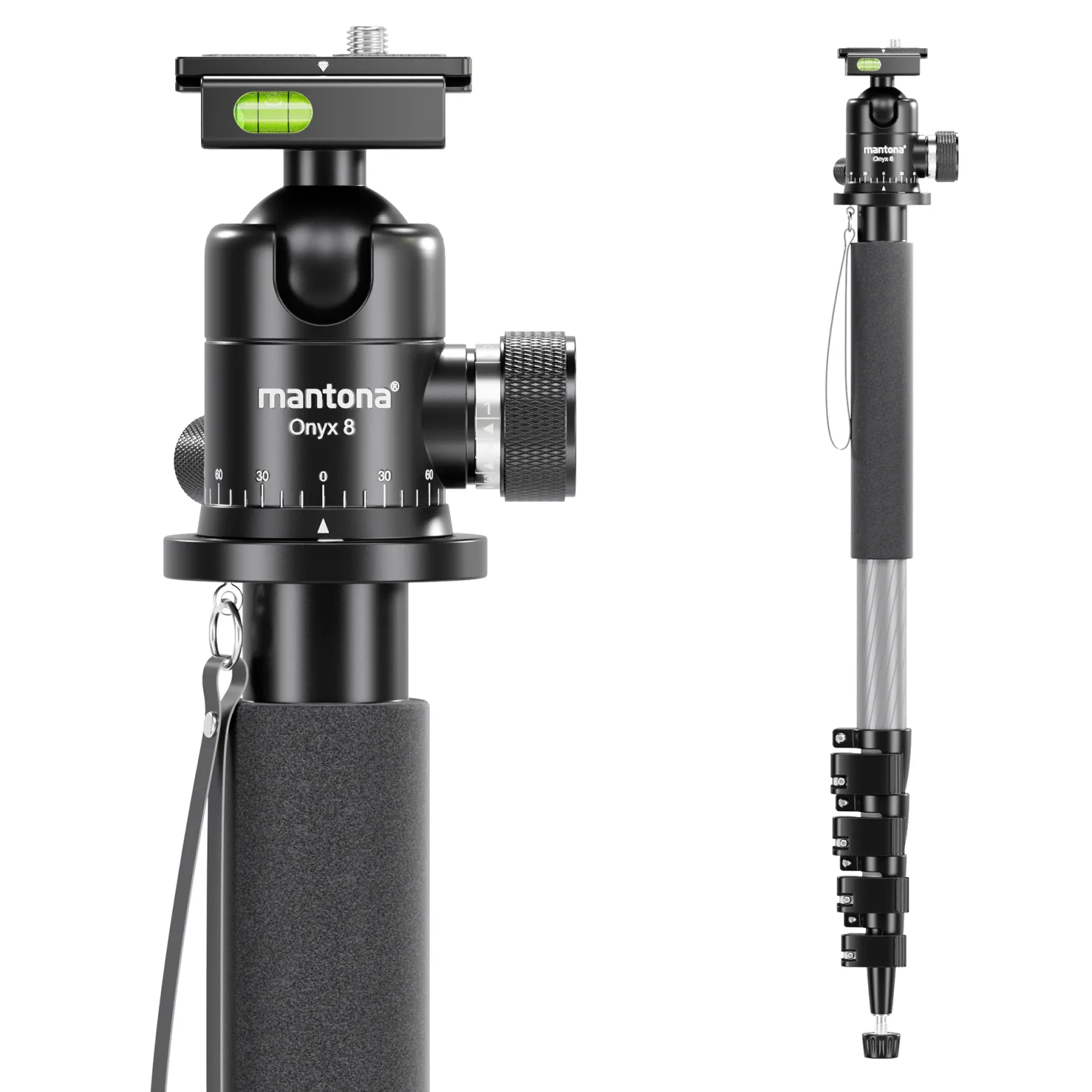Walimex pro 1983 Carbon Einbeinstativ + Onyx 8 Kugelkopf Set, Reisestativ bis 185 cm Höhe mit Stativkopf aus Aluminium mit Arca-Swiss kompatibler Schnellwechselplatte