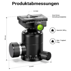 Walimex pro 1983 Carbon Einbeinstativ + Onyx 8 Kugelkopf Set, Reisestativ bis 185 cm Höhe mit Stativkopf aus Aluminium mit Arca-Swiss kompatibler Schnellwechselplatte