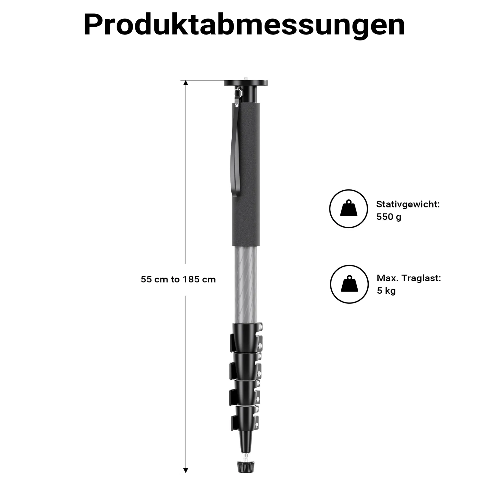 Walimex pro 1983 Carbon Einbeinstativ + Onyx 8 Kugelkopf Set, Reisestativ bis 185 cm Höhe mit Stativkopf aus Aluminium mit Arca-Swiss kompatibler Schnellwechselplatte