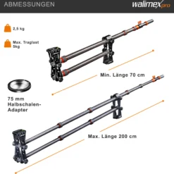 Walimex pro Carbon Kamera Jib Traveller 7.2 - 160 x 100 x 800 mm - ausziehbar 70-200 cm - mit 1/4“ Gewinden, Halbschalen Adapter, Tragetasche - schwarz