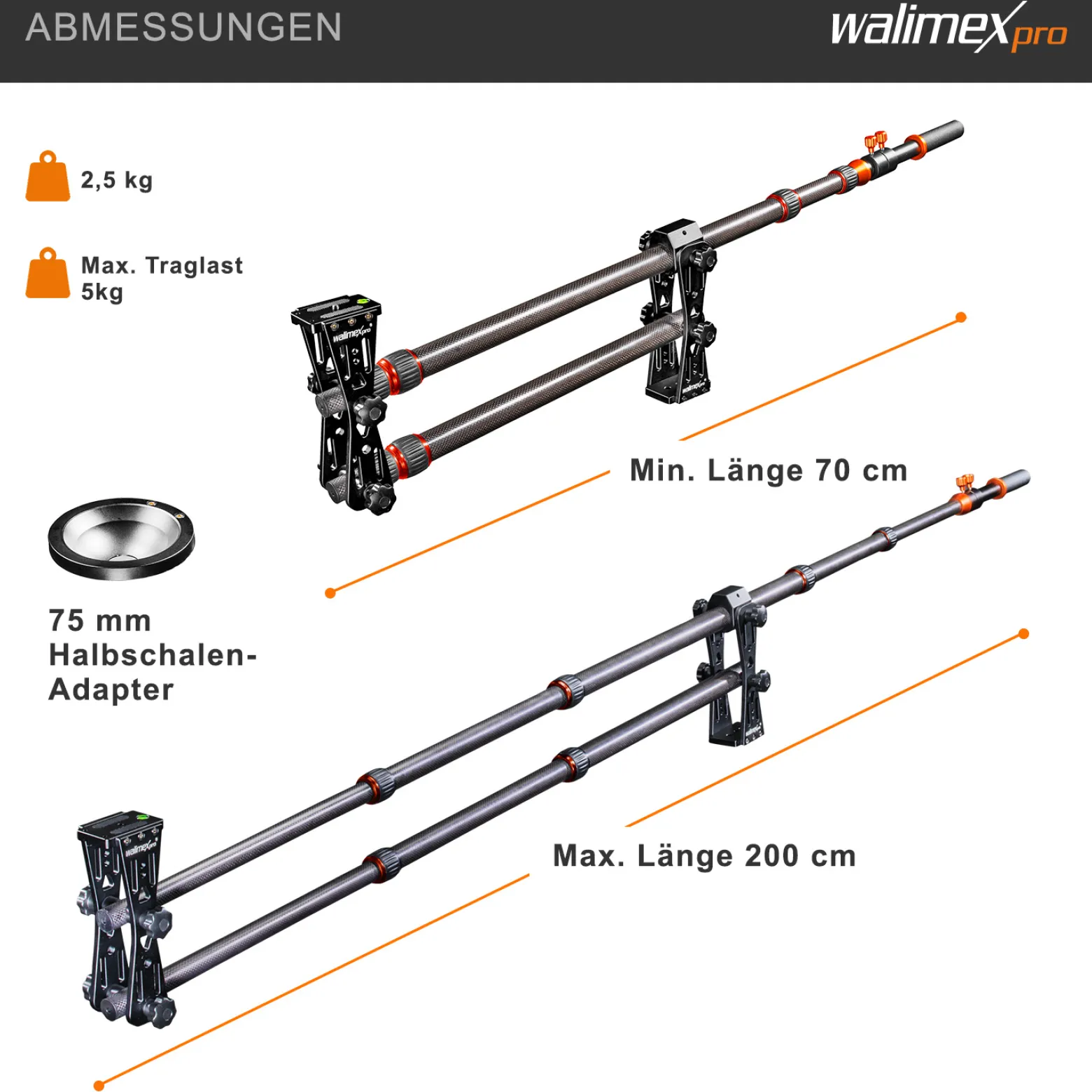 Walimex pro Carbon Kamera Jib Traveller 7.2 - 160 x 100 x 800 mm - ausziehbar 70-200 cm - mit 1/4“ Gewinden, Halbschalen Adapter, Tragetasche - schwarz