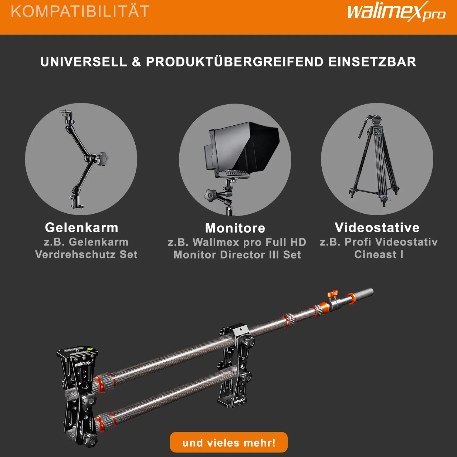 Walimex pro Carbon Kamera Jib Traveller 7.2 - 160 x 100 x 800 mm - ausziehbar 70-200 cm - mit 1/4“ Gewinden, Halbschalen Adapter, Tragetasche - schwarz