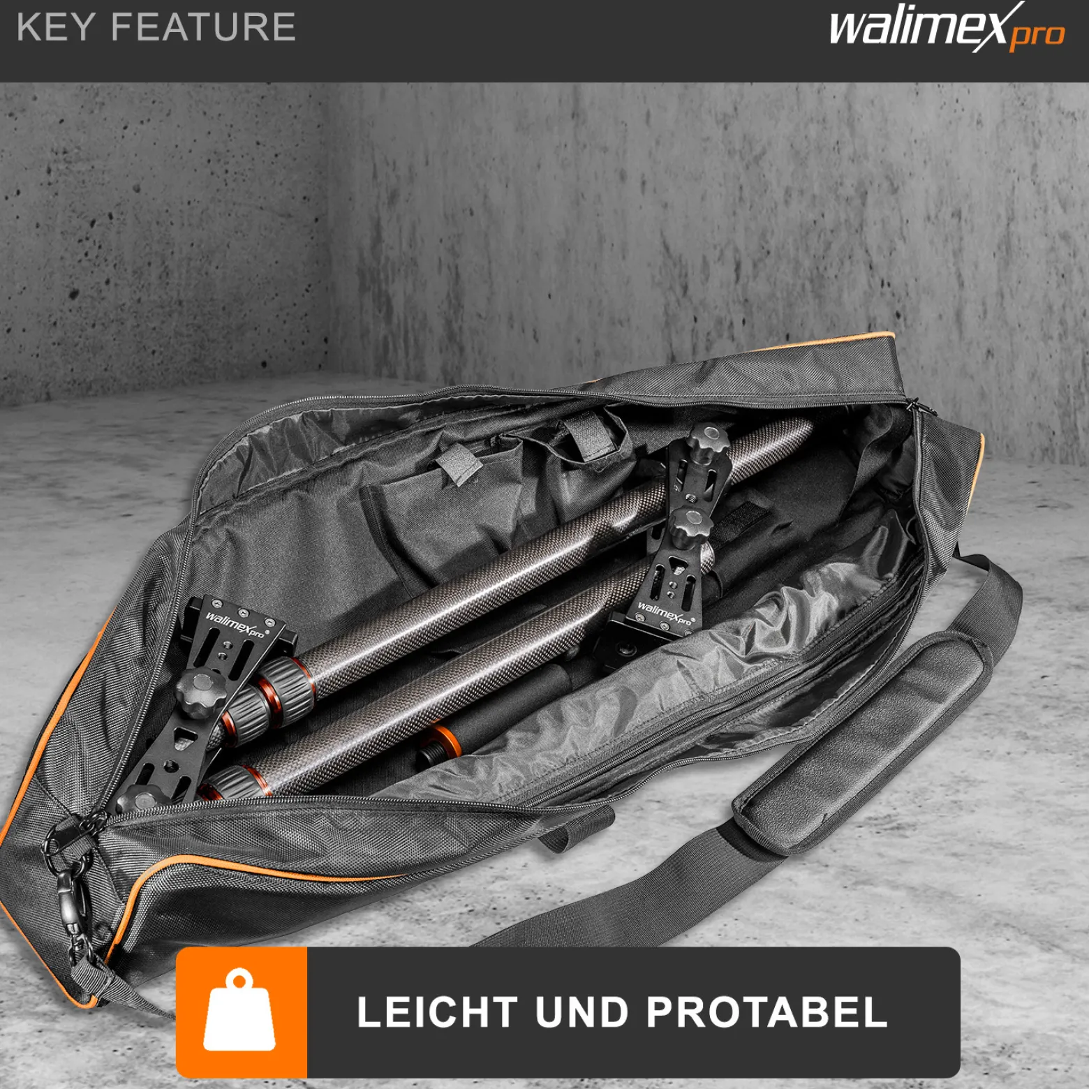 Walimex pro Carbon Kamera Jib Traveller 7.2 - 160 x 100 x 800 mm - ausziehbar 70-200 cm - mit 1/4“ Gewinden, Halbschalen Adapter, Tragetasche - schwarz