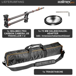 Walimex pro Carbon Kamera Jib Traveller 7.2 - 160 x 100 x 800 mm - ausziehbar 70-200 cm - mit 1/4“ Gewinden, Halbschalen Adapter, Tragetasche - schwarz