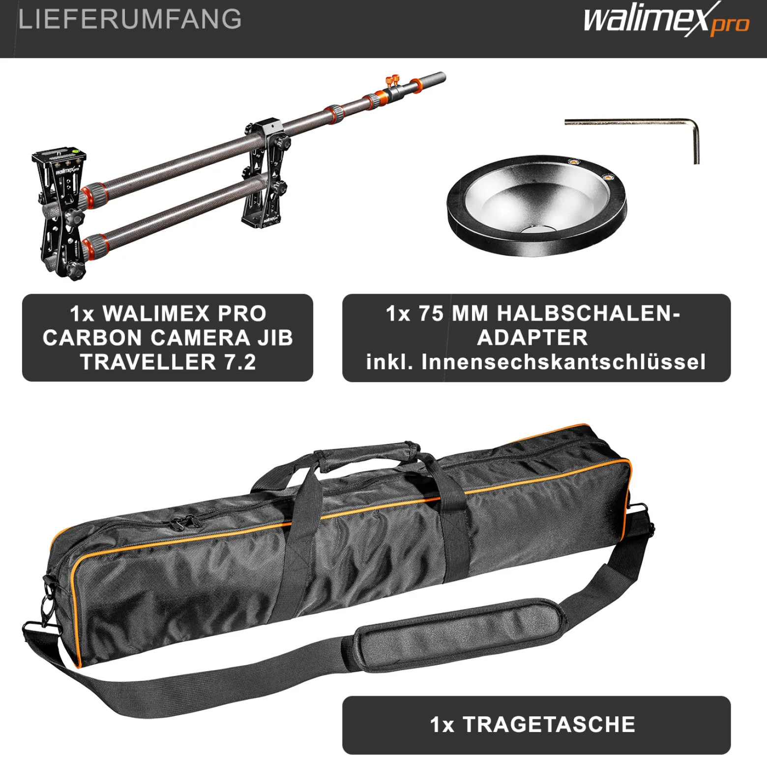 Walimex pro Carbon Kamera Jib Traveller 7.2 - 160 x 100 x 800 mm - ausziehbar 70-200 cm - mit 1/4“ Gewinden, Halbschalen Adapter, Tragetasche - schwarz
