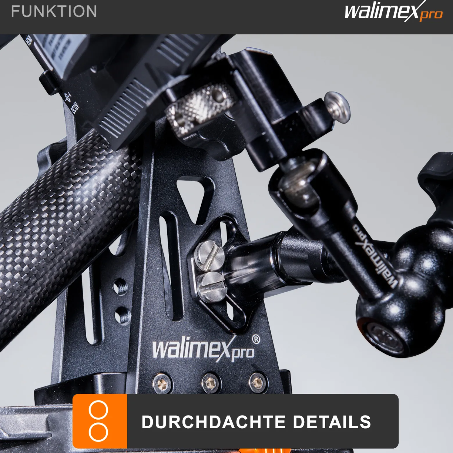 Walimex pro Carbon Kamera Jib Traveller 7.2 - 160 x 100 x 800 mm - ausziehbar 70-200 cm - mit 1/4“ Gewinden, Halbschalen Adapter, Tragetasche - schwarz