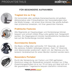 Walimex pro Carbon Kamera Jib Traveller 7.2 - 160 x 100 x 800 mm - ausziehbar 70-200 cm - mit 1/4“ Gewinden, Halbschalen Adapter, Tragetasche - schwarz
