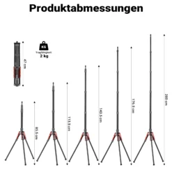 Walimex pro Carbon Lampenstativ C-200 2 m Höhe, 600 g leichtes Lichtstativ, Blitzstativ mit 5/8 Zoll Spigot für LED Studioleuchte, Fotostudio und Videoaufnahmen