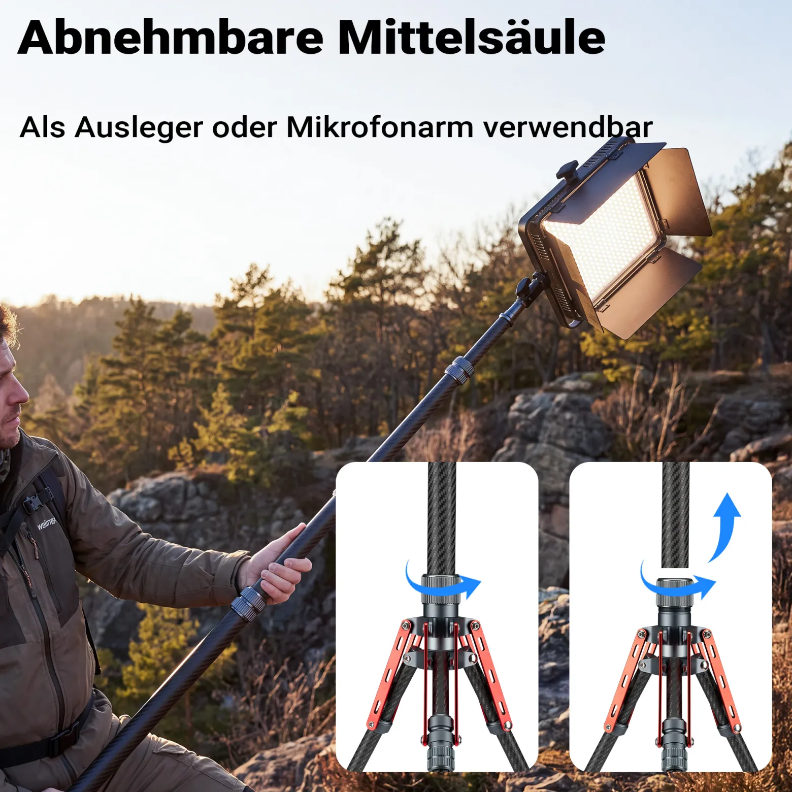 Walimex pro Carbon Lampenstativ C-200 2 m Höhe, 600 g leichtes Lichtstativ, Blitzstativ mit 5/8 Zoll Spigot für LED Studioleuchte, Fotostudio und Videoaufnahmen
