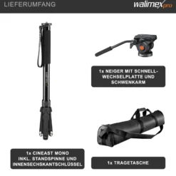 Walimex pro Cineast Mono Video Einbeinstativ höhenverstellbar bis 168 cm mit fluidgedämpftem 2-Wege Videoneiger
