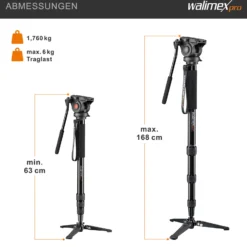 Walimex pro Cineast Mono Video Einbeinstativ höhenverstellbar bis 168 cm mit fluidgedämpftem 2-Wege Videoneiger