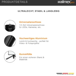 Walimex pro 12 cm Ministativ Premium Kompakt mit 1/4“ Anschluss, Mini Dreibein Kamerastativ bis 1,5 kg belastbar, Tripod Stativ für professionellen Gebrauch