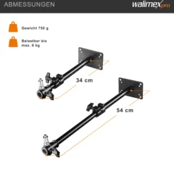 Walimex pro Deckenstativ 34-54 cm, Lichtstativ mit doppelseitigem 5/8" Spigot, Auslegerarm Halterung mit 1/4" u. 3/8" Gewinde, Lampenstativ belastbar bis 6 kg ideal für Videoleuchte, Softbox u. Kamera