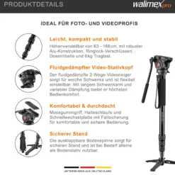 Walimex Pro Director Carbon Video Einbeinstativ höhenverstellbar bis 191 cm mit fluidgedämpftem 2-Wege Videoneiger