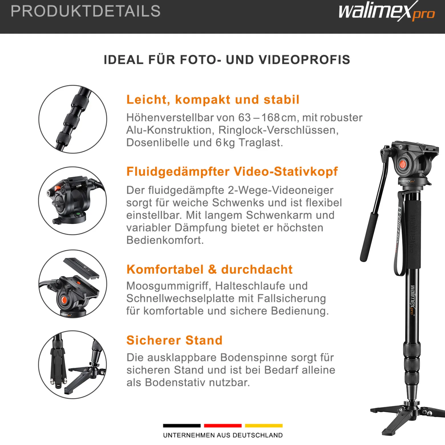 Walimex Pro Director Carbon Video Einbeinstativ höhenverstellbar bis 191 cm mit fluidgedämpftem 2-Wege Videoneiger