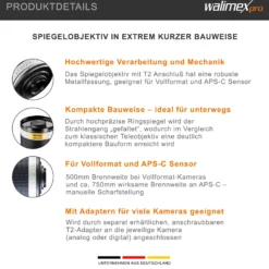 Walimex pro 500/6,3 DSLR Spiegel Objektiv, Kameraobjektiv mit 500 mm Brennweite, Spiegelobjektiv für Vollformat und APS-C Kamera, hochwertiges Kamera Equipment