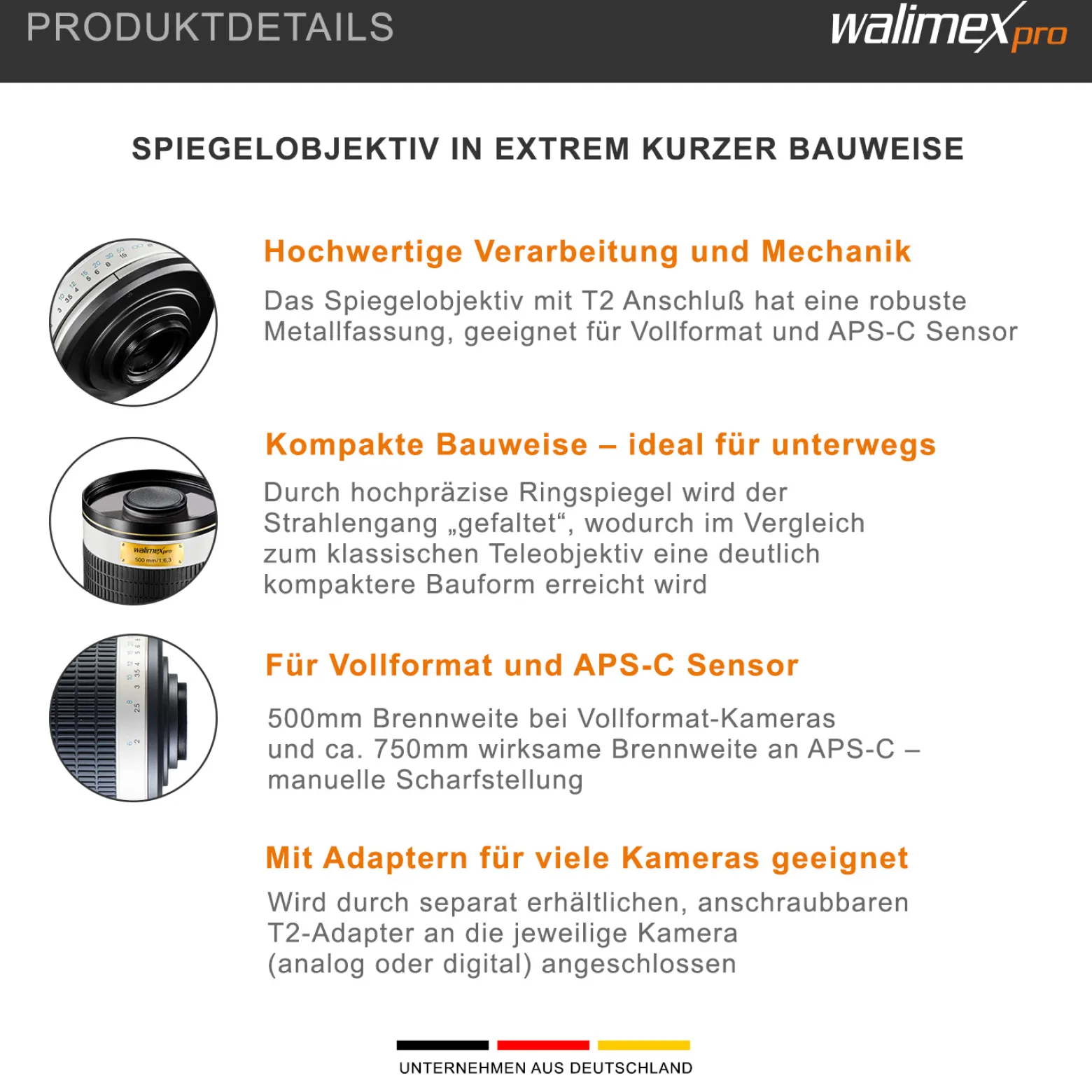 Walimex pro 500/6,3 DSLR Spiegel Objektiv, Kameraobjektiv mit 500 mm Brennweite, Spiegelobjektiv für Vollformat und APS-C Kamera, hochwertiges Kamera Equipment