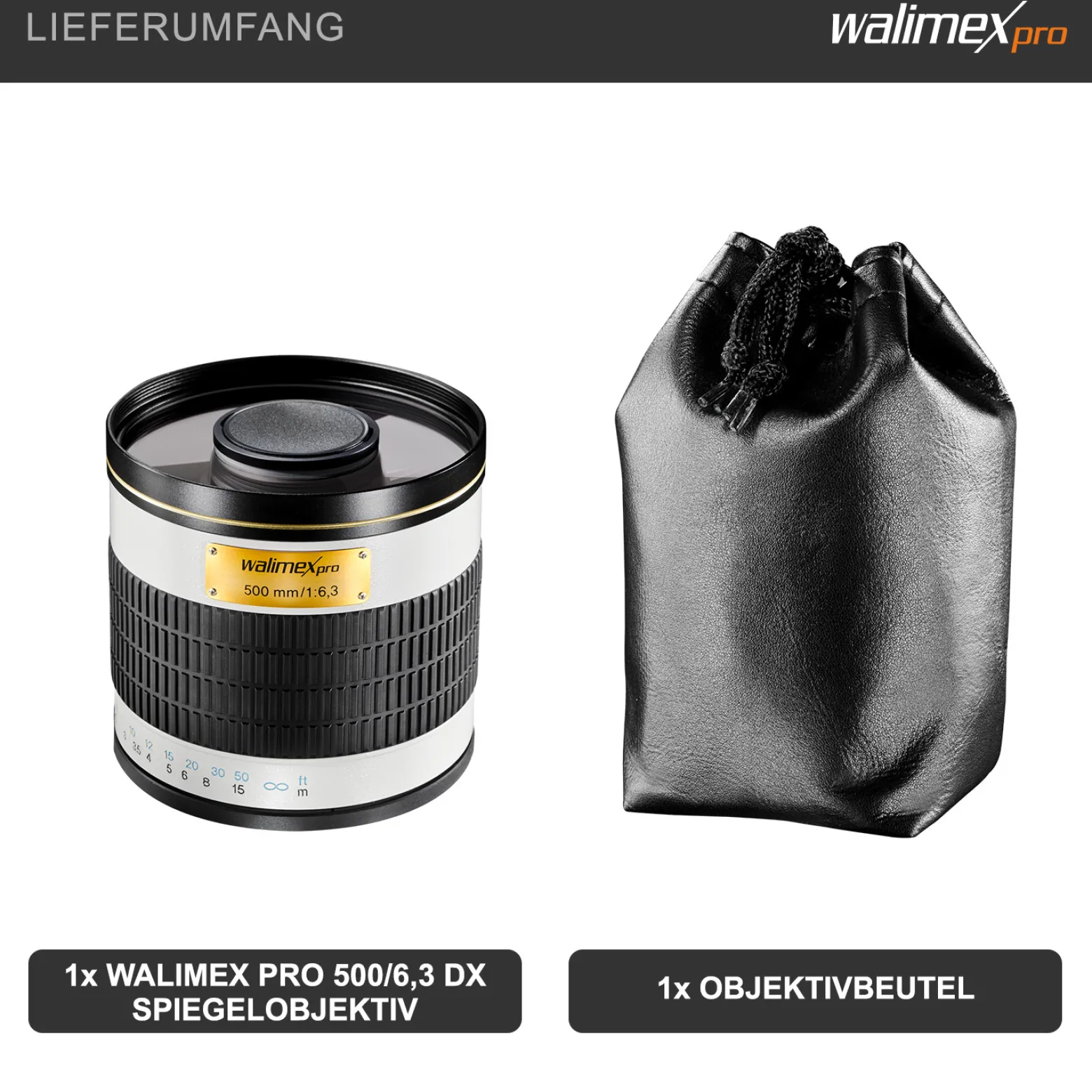 Walimex pro 500/6,3 DSLR Spiegel Objektiv, Kameraobjektiv mit 500 mm Brennweite, Spiegelobjektiv für Vollformat und APS-C Kamera, hochwertiges Kamera Equipment