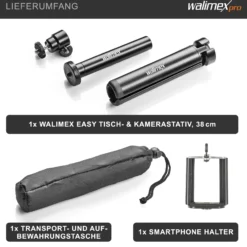 Walimex pro Easy 38 Tischstativ und Kamerastativ, höhenverstellbares Tripod Stativ 4-38 cm für Kameras und Smartphones, Handstativ mit Kugelkopf mit 90° Neigung, Dreibeinstativ inkl. Smartphone-Halter