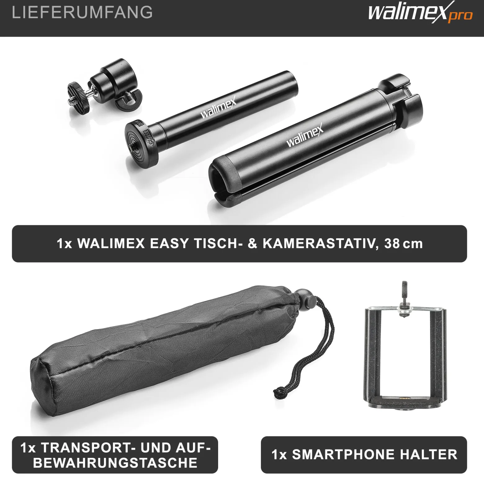 Walimex pro Easy 38 Tischstativ und Kamerastativ, höhenverstellbares Tripod Stativ 4-38 cm für Kameras und Smartphones, Handstativ mit Kugelkopf mit 90° Neigung, Dreibeinstativ inkl. Smartphone-Halter