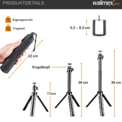 Walimex pro Easy 38 Tischstativ und Kamerastativ, höhenverstellbares Tripod Stativ 4-38 cm für Kameras und Smartphones, Handstativ mit Kugelkopf mit 90° Neigung, Dreibeinstativ inkl. Smartphone-Halter