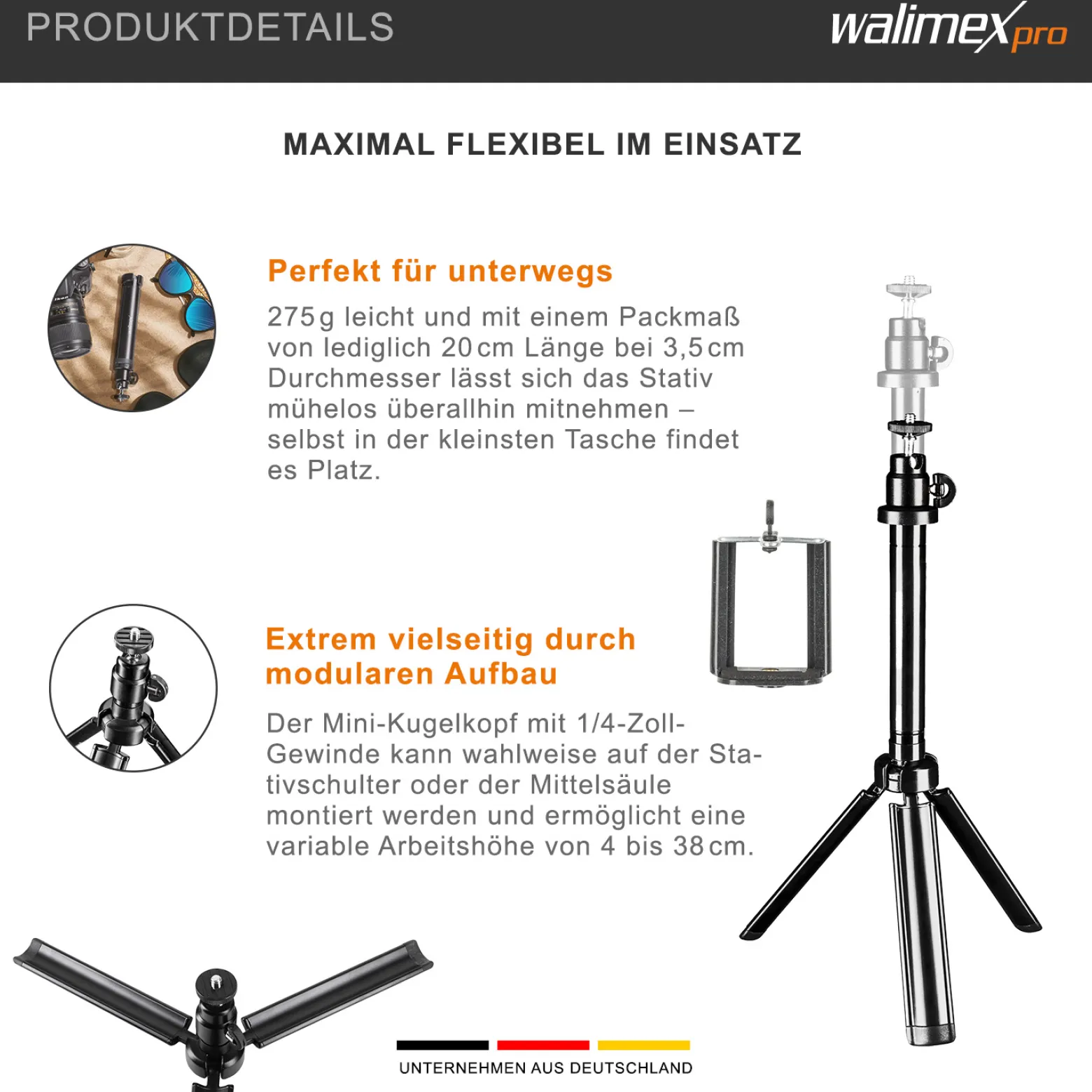 Walimex pro Easy 38 Tischstativ und Kamerastativ, höhenverstellbares Tripod Stativ 4-38 cm für Kameras und Smartphones, Handstativ mit Kugelkopf mit 90° Neigung, Dreibeinstativ inkl. Smartphone-Halter