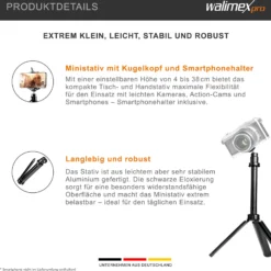 Walimex pro Easy 38 Tischstativ und Kamerastativ, höhenverstellbares Tripod Stativ 4-38 cm für Kameras und Smartphones, Handstativ mit Kugelkopf mit 90° Neigung, Dreibeinstativ inkl. Smartphone-Halter