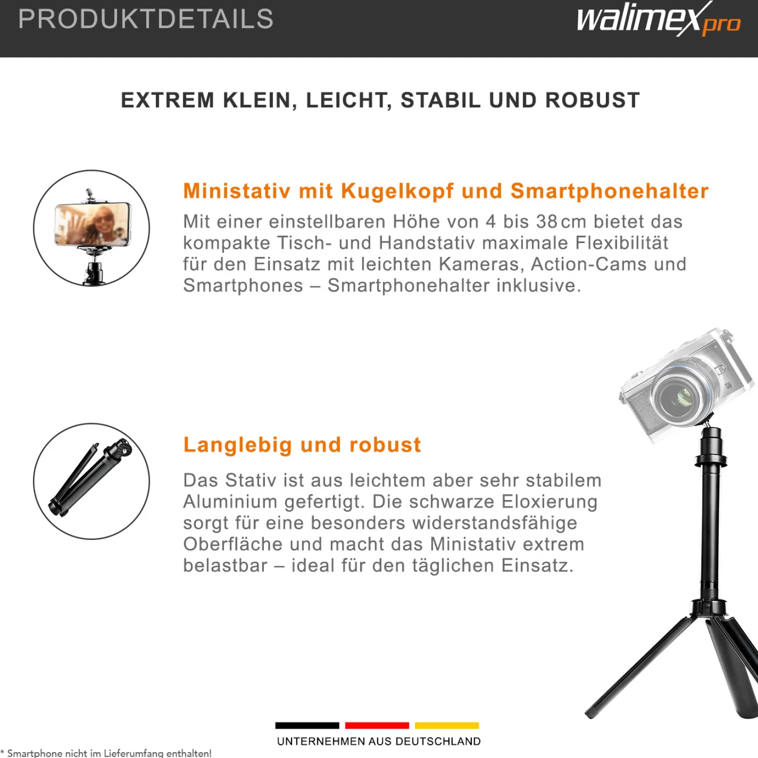 Walimex pro Easy 38 Tischstativ und Kamerastativ, höhenverstellbares Tripod Stativ 4-38 cm für Kameras und Smartphones, Handstativ mit Kugelkopf mit 90° Neigung, Dreibeinstativ inkl. Smartphone-Halter