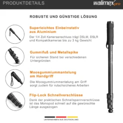 Walimex pro Einbeinstativ 171 cm, robustes Fotostativ aus Aluminium, Kamerastativ mit 3 kg Traglast, Stativ für Spiegelreflex und Kompaktkamera, inkl. Transporttasche