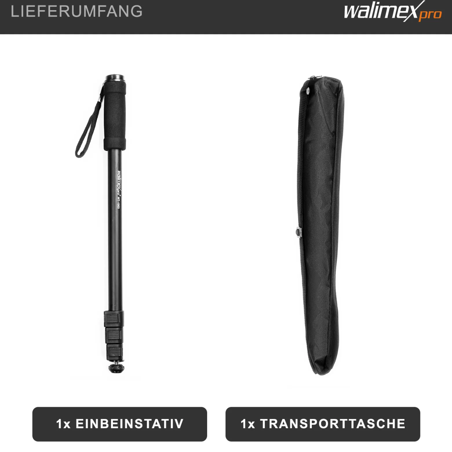 Walimex pro Einbeinstativ 171 cm, robustes Fotostativ aus Aluminium, Kamerastativ mit 3 kg Traglast, Stativ für Spiegelreflex und Kompaktkamera, inkl. Transporttasche