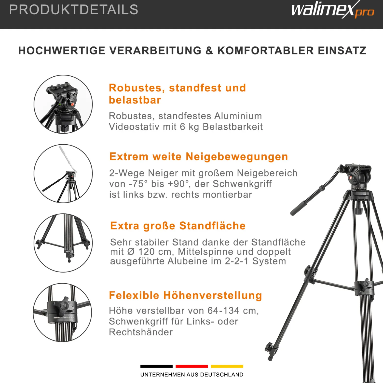 Walimex pro EI-9901 Pro 134 Videostativ - 730 x 160 x 160 mm / Max. Traglast 6 kg / Höhe 64-134 cm - mit Tasche - Dreibein Stativ für Foto Atelier und Studio - schwarz