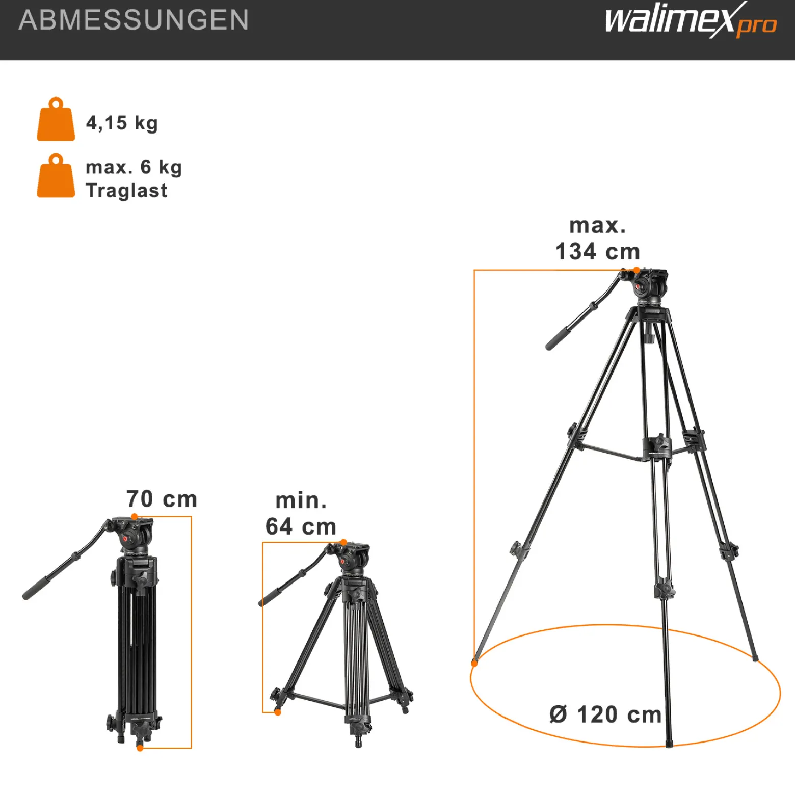 Walimex pro EI-9901 Pro 134 Videostativ - 730 x 160 x 160 mm / Max. Traglast 6 kg / Höhe 64-134 cm - mit Tasche - Dreibein Stativ für Foto Atelier und Studio - schwarz