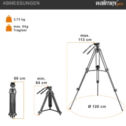 Walimex pro EI-717 Pro 133 Videostativ - 680 x 160 x 160 mm / Max. Traglast 6 kg / Höhe 64-133 cm - mit Tasche - Dreibein Stativ für Foto Atelier und Studio - schwarz