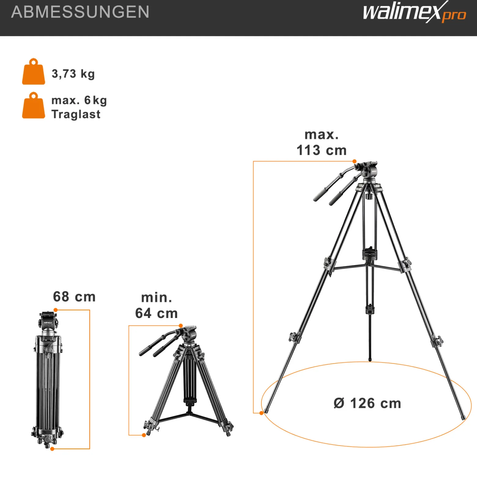 Walimex pro EI-717 Pro 133 Videostativ - 680 x 160 x 160 mm / Max. Traglast 6 kg / Höhe 64-133 cm - mit Tasche - Dreibein Stativ für Foto Atelier und Studio - schwarz