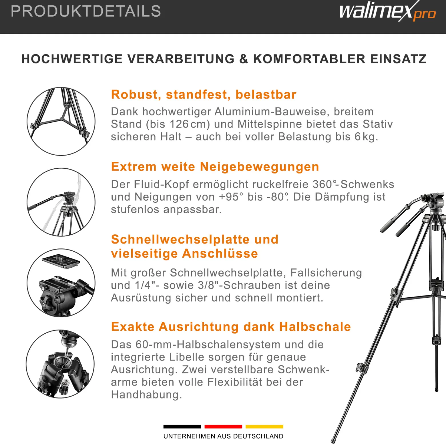 Walimex pro EI-717 Pro 133 Videostativ - 680 x 160 x 160 mm / Max. Traglast 6 kg / Höhe 64-133 cm - mit Tasche - Dreibein Stativ für Foto Atelier und Studio - schwarz