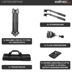 Walimex pro EI-717 Pro 133 Videostativ - 680 x 160 x 160 mm / Max. Traglast 6 kg / Höhe 64-133 cm - mit Tasche - Dreibein Stativ für Foto Atelier und Studio - schwarz